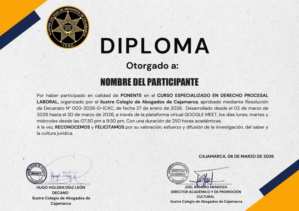 Modelo de diploma emitido por IUS Inter Nos y el Ilustre Colegio de Abogados de Cajamarca